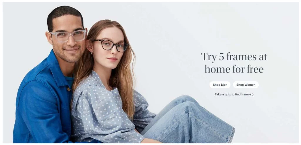 Warby Parker landing page encouraging customers to try the frames first.