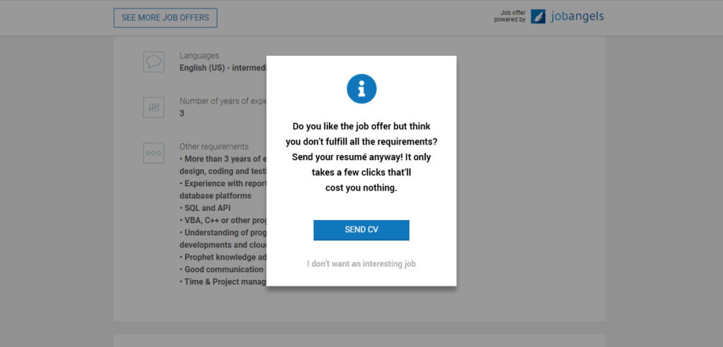 A pop-up window prompting website visitors to send their CV