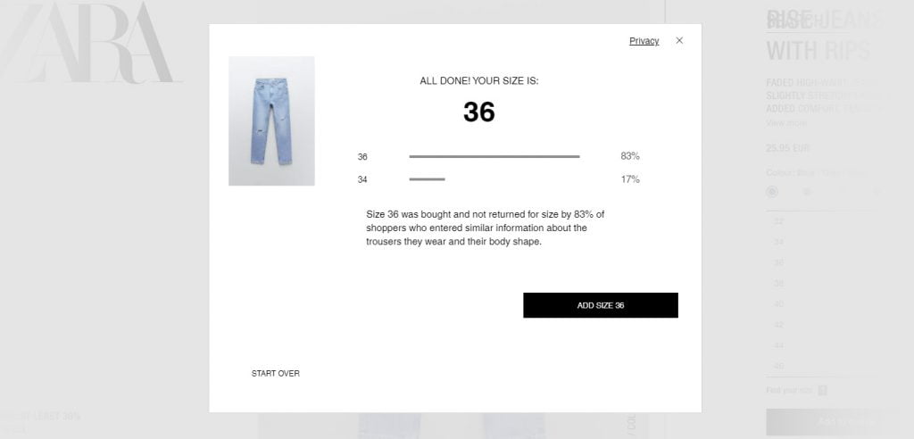 Zara uses Social proof to reassure customers the clothes will fit them