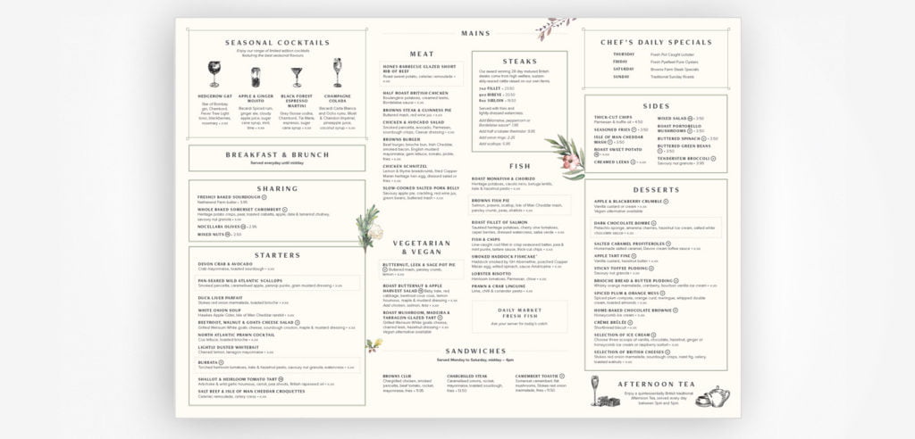 The new menu features fewer items, uses comprehensive category names, provides visual information on glassware, and directs customers' attention inward