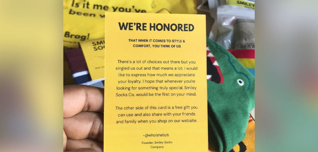 How Smiley Socks makes customers feel good about their post-purchase decision with their gift card. 
