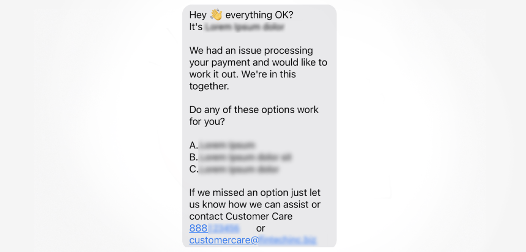 Behavior Delta’s full SMS message (client details redacted)