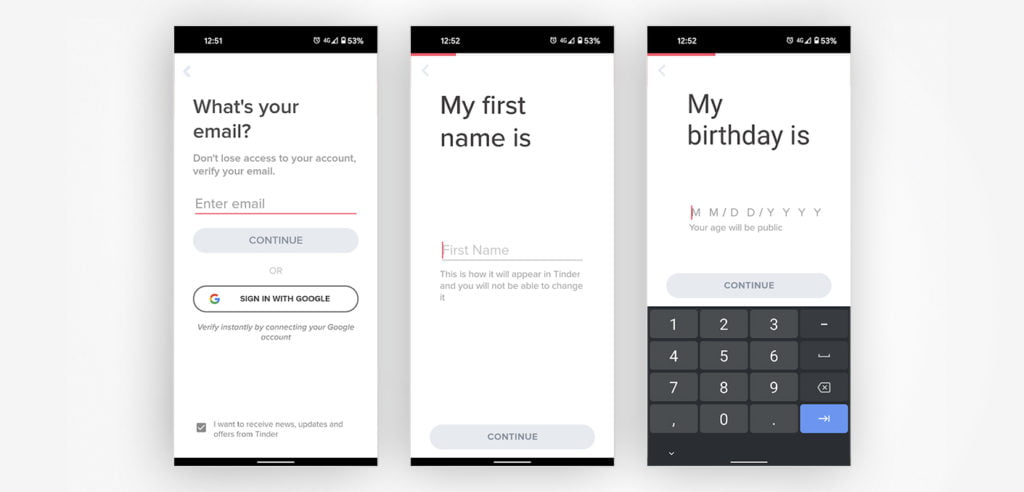 Tinder's registration funnel interface asking for personal info