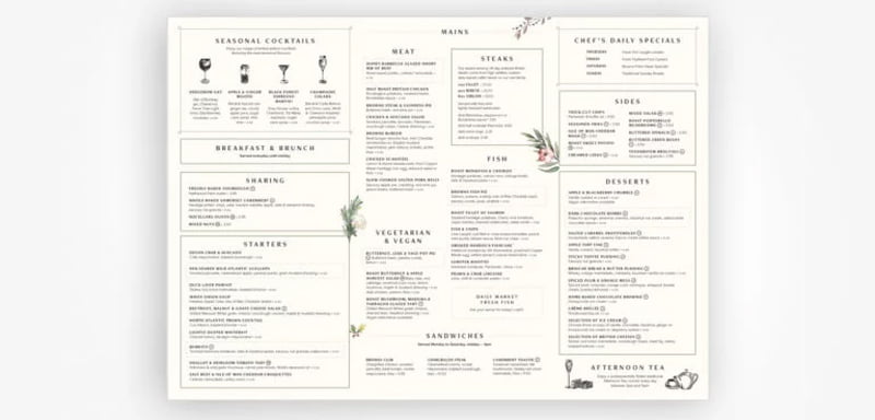 Restaurant menu designed to guide your attention through the whole menu