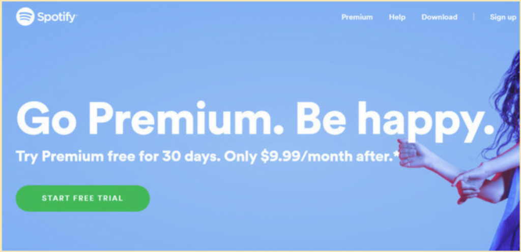 Spotify ad promoting a 30-day free trial if the customer upgrades to Premium.
