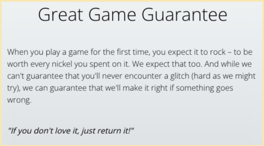 EA emphasizes game quality through a satisfaction guarantee.
